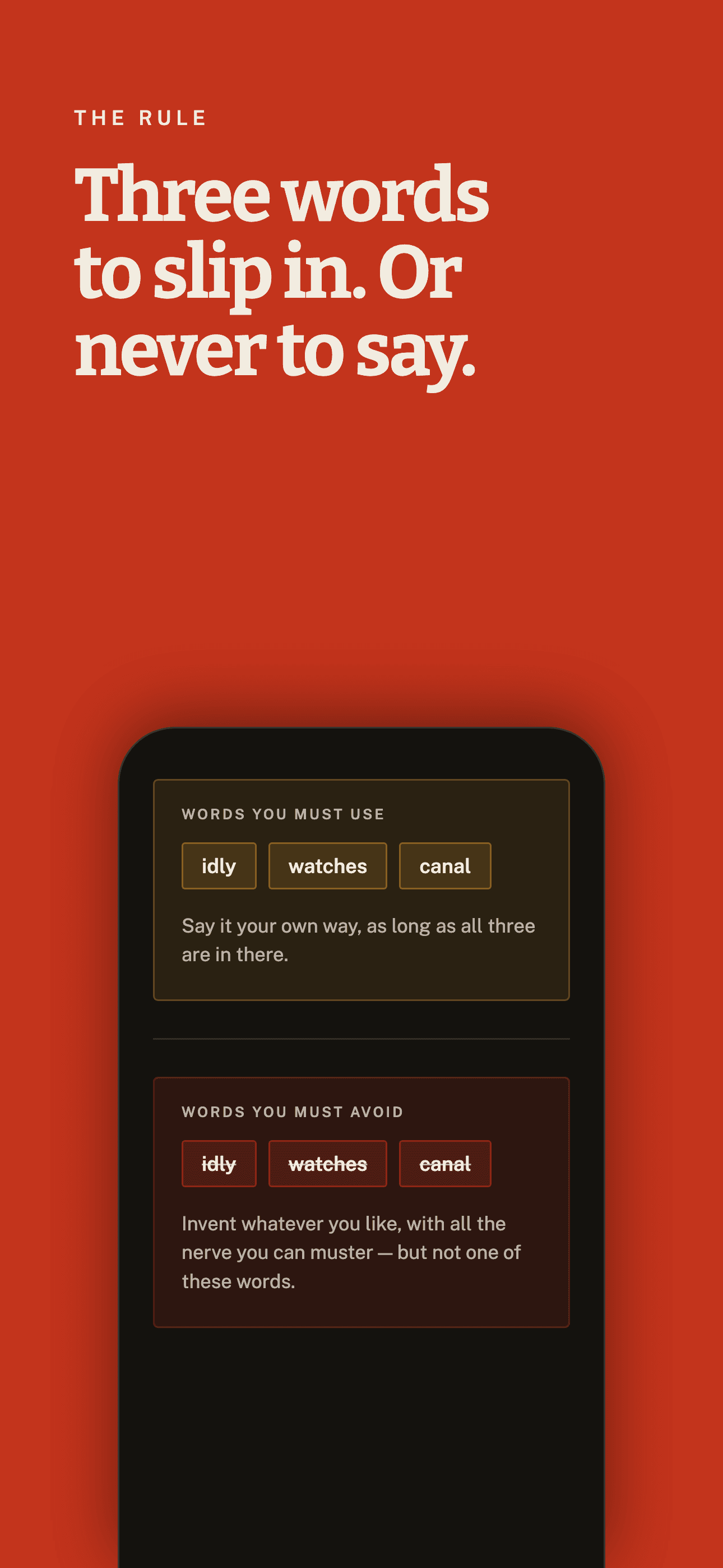 Bluffo screen — words you must use and words you must avoid.