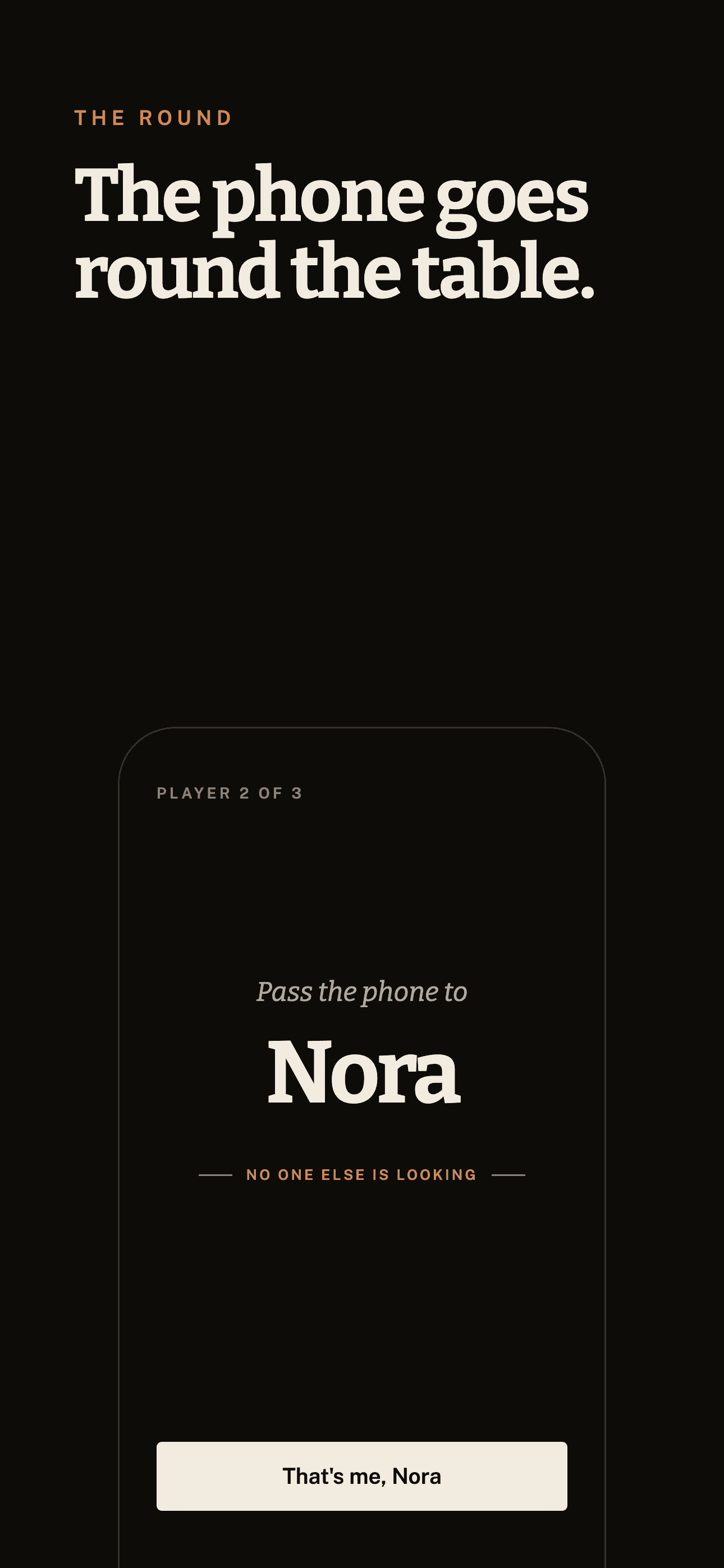 Bluffo hand-over screen — Pass the phone to Nora.