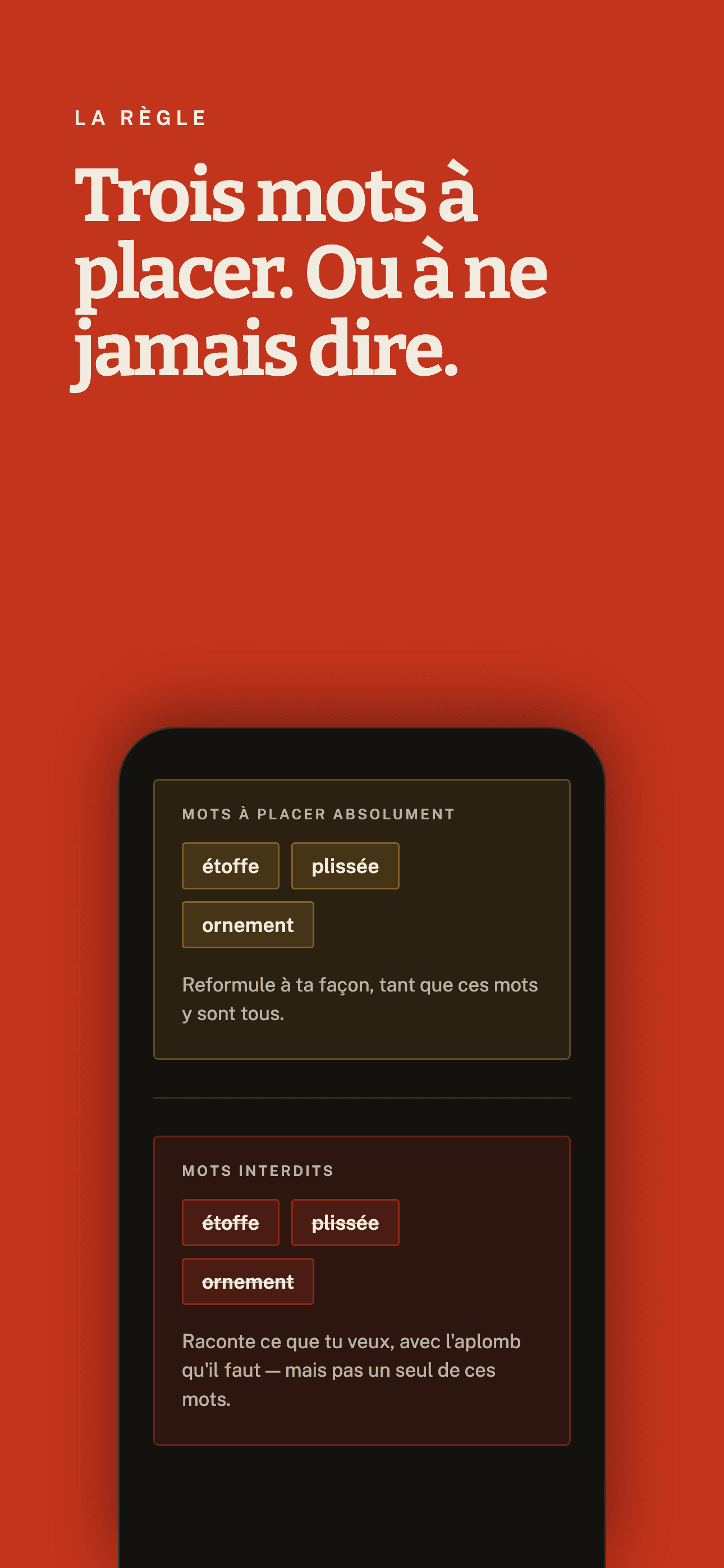 Écran Bluffo — mots à placer absolument et mots interdits.
