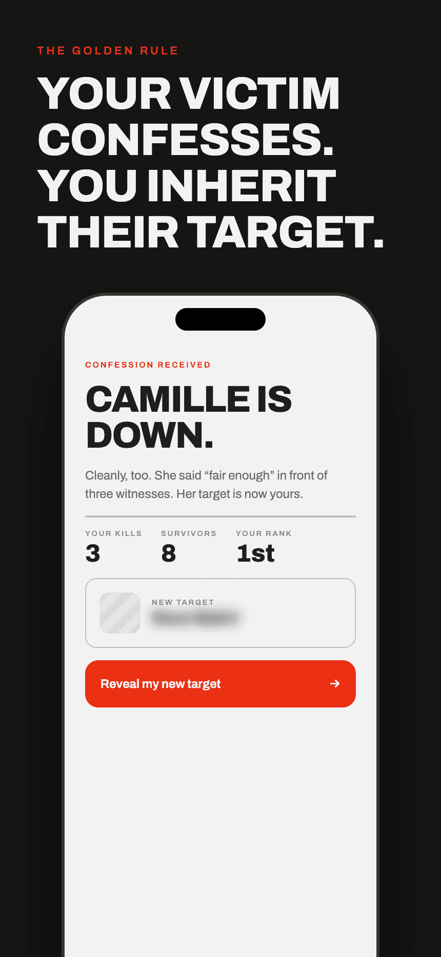 Interfector confession screen — Camille has fallen.