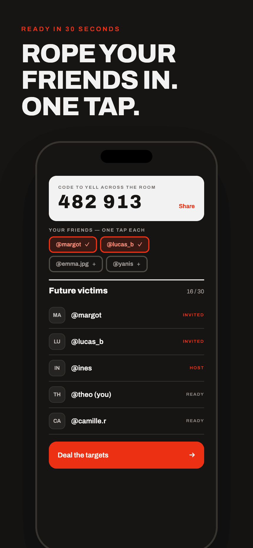Interfector lobby with code 482 913 and player list.