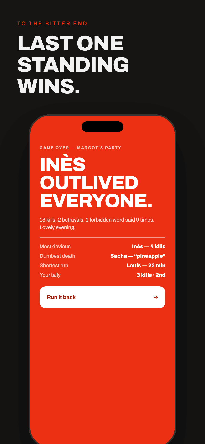 Interfector end screen — Inès survived everyone.