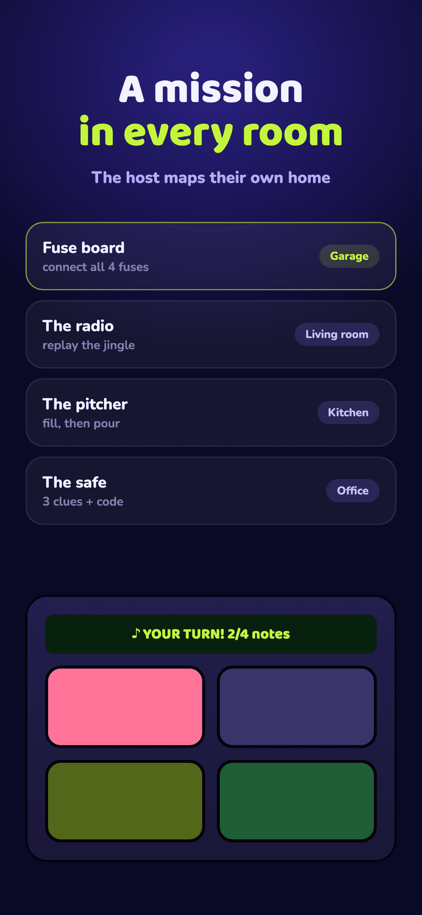 Intrus missions screen — fuse board in the garage, radio in the living room, pitcher in the kitchen, safe in the office, and the radio mini-game.