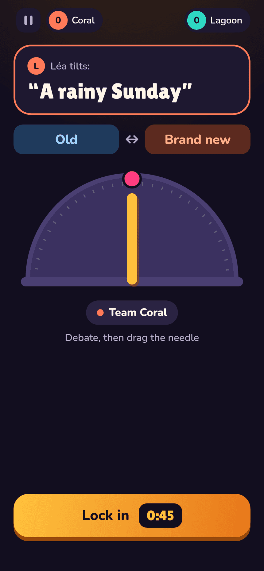 Guessing screen in Tilto — team Coral sets the needle for the clue “A rainy Sunday”.