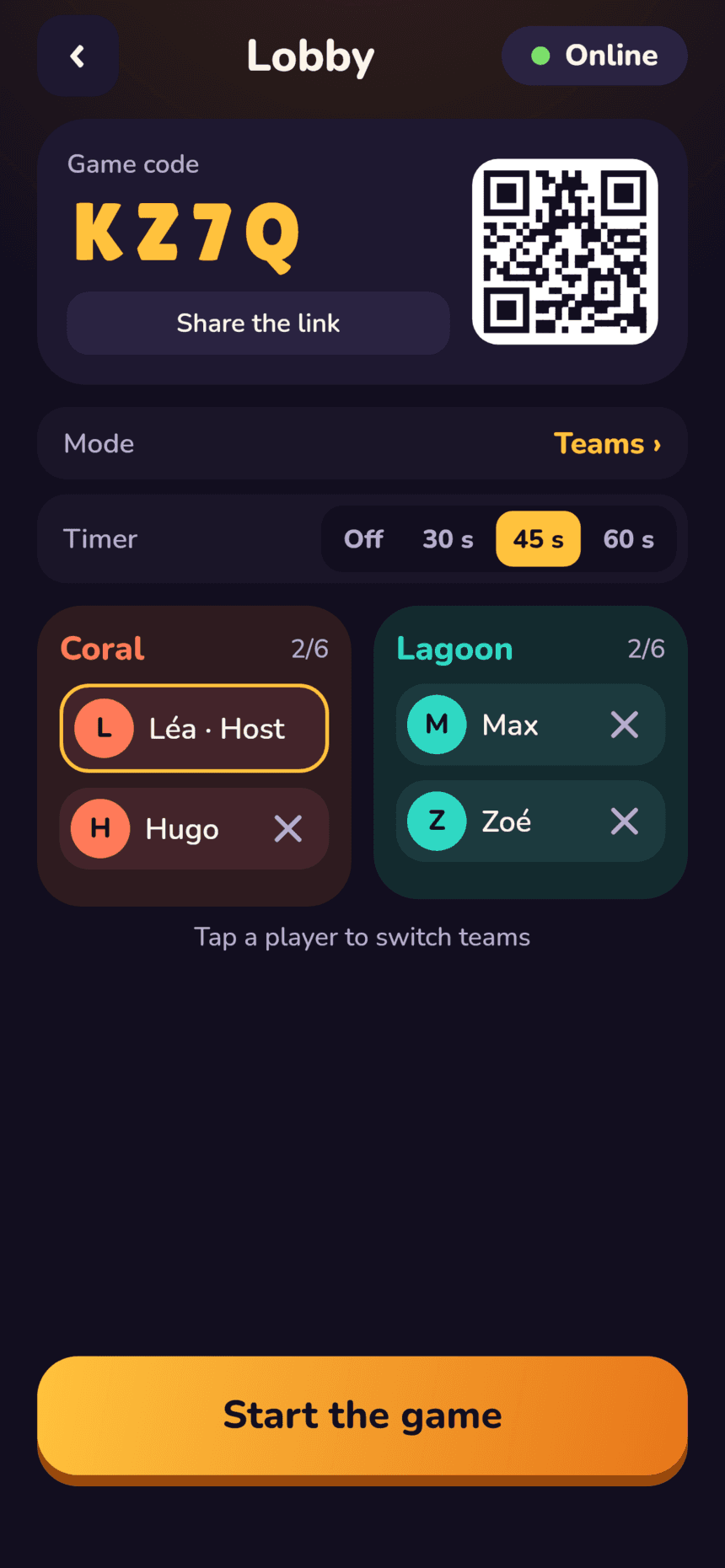 Tilto online lobby with the code KZ7Q, its QR code and two teams, Coral and Lagoon.